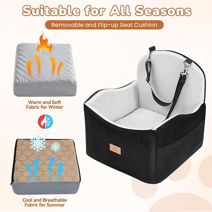Dog Car Seat for Medium/Small Dogs, Dog Booster Car Seat, Pet Booster Seats Up to 40lbs with Waterproof Layer, 3 Storage Pockets and Safety Belt (Black/Grey)