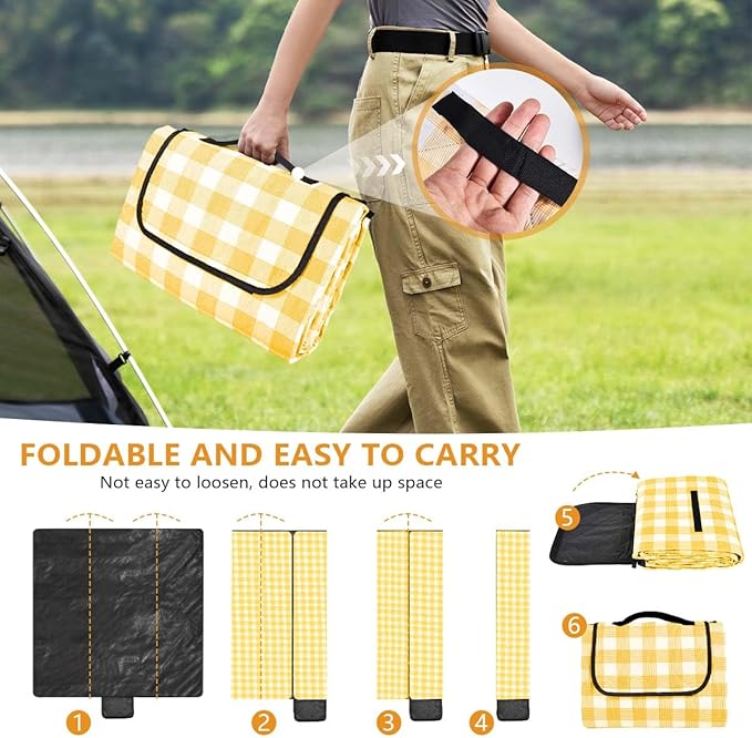 OBTANIM Extra Large Picnic Blanket 80 x 80 Inch Waterproof Foldable Beach Blankets Outdoor Picnic Mat for Camping Grass Lawn Park Music Festival Party Accessories (Yellow and White)