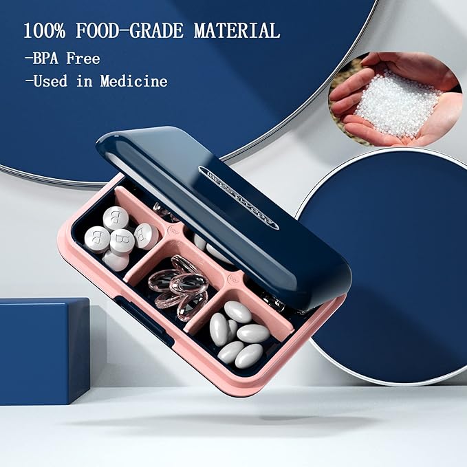 DUBSTAR Small Pill Box for Purse, Moisture Waterproof Travel Pill Case with 4+6 Compartments, Daily Pill Organizer for Vitamins & Medication (SL-Blue)