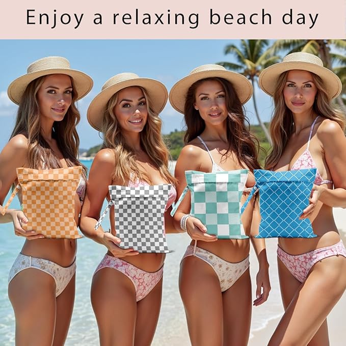 Wet Bag, 4Pcs Wet Dry Bag Set, Reusable Waterproof Bags with Mixed Checkerboard & Blue Diamond Lattice for Women, Ideal for Beach Vacations, Pool Days, Travel & Daily Essentials Storage