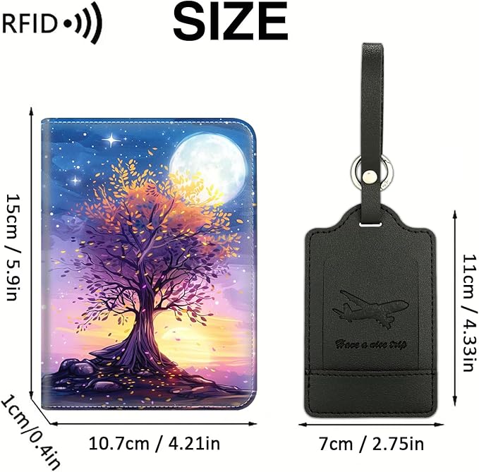 Passport Wallet, Passport Holder with RFID Blocking and Luggage Tag, Waterproof PU Leather Travel Documents Organizer Case, Passport Covers with Card Slot for Women & Men, Purple Starry Sky Trees
