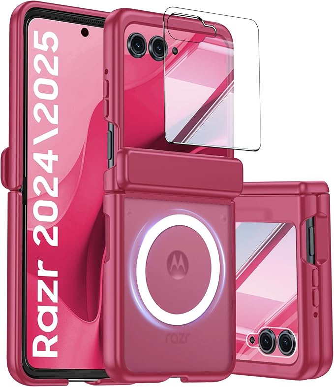 Magnetic for Motorola Razr 2025 Case/Razr 2024 Case,Hinge Protection, Screen Protector, Compatible with MagSafe, Translucent Frosted, Shockproof Slim Cover for Razr 2025/2024-Rose Red