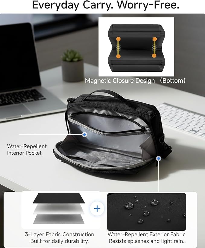 LUGGEX Large Travel Tech Pouch, Cable Organizer Bag with Removable Crossbody Strap, Dual Accessories Bag & Water Resistant for Kindle, Chargers, Cord, Earphone for Travel Office, Beige