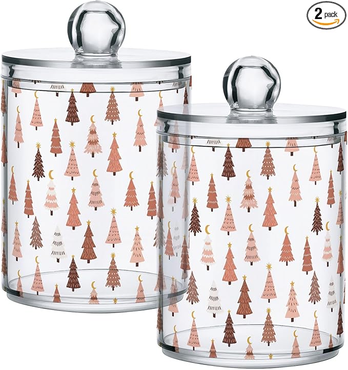 Gredecor 2 Pack Qtip Holder Clear Pastel Christmas Tree Pink Forest Apothecary Jars with Lids Acrylic Christmas Winter Bathroom Jars Vanity Canister Storage Organizer for Cotton Ball,Swabs,Pads,Floss