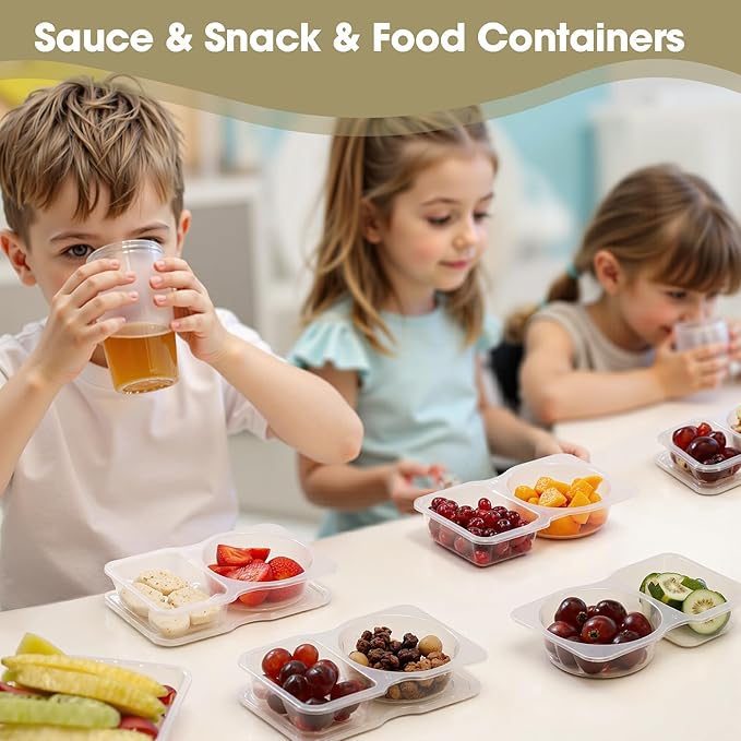 100PCS Reusable Snack Containers with Lids,2 Compartment Snack Containers with 100 Spoons,Snack Pack Containers for Condiments,fruits and salads