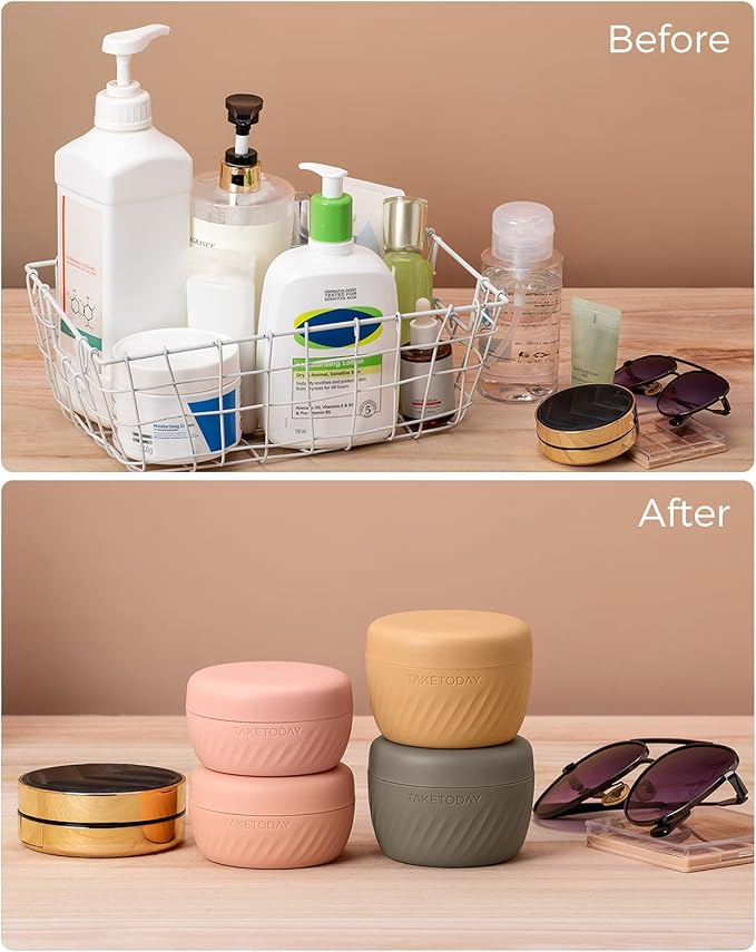 TakeToday Travel Containers for Toiletries, Leak-Proof, TSA Approved, Refillable Silicone Cylindrical Cream Jars with Lid for Cosmetic Toiletry, 3oz, 4 Pack, Apricot