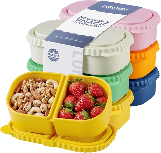 6 Pack Reusable Silicone Snack Containers with Lids, 2 Compartment Bento Snack Boxes, Leakproof Portion Control Food Containers for Fruits, Nuts, School, Office & Travel, Dishwasher Safe