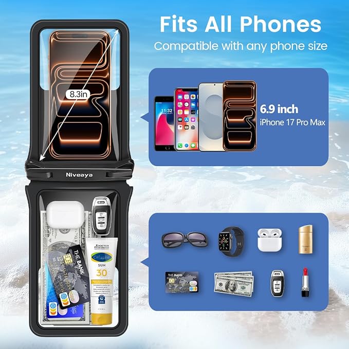 Niveaya IPX8 Double Space Waterproof Phone Pouch (up to 8.3") -2 Pack Waterproof Phone Case with Lanyard for iPhone 17 16 15 Pro Max,Touchscreen & Underwater Photography, Beach Cruise Essentials 2026