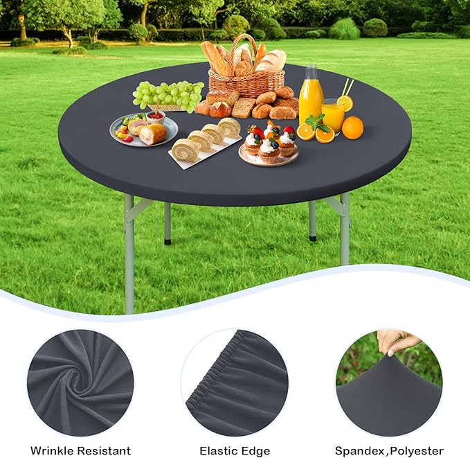Wolkemer 2 Pack 5 Foot Grey Fitted Tablecloth 60 Inch Round Elastic Edges Table Cloth, Spandex Stretch Table Cover with Machine Washable Fabric for Wedding Party Picnic Dining Indoor Outdoor
