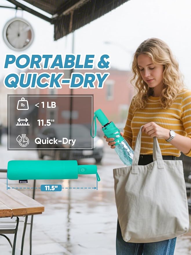 PTEROMY Windproof Travel Umbrellas for Rain and Sun, Withstands 85MPH Winds Auto Open Close Folding Umbrella with Ergonomic Handle, Quick Dry Canopy for Commuting or Backpack