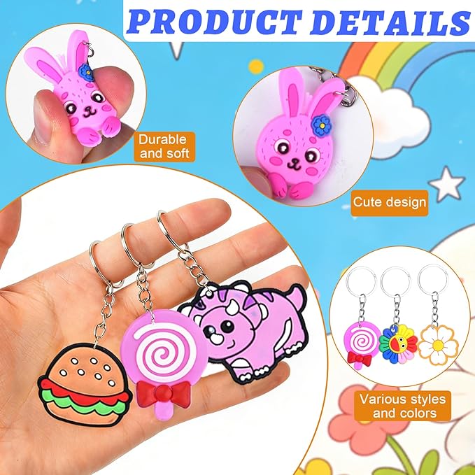 50Pcs Random Different Keychains Cute Keyring Bulk for Party Favors Classroom Prizes Students Incentives