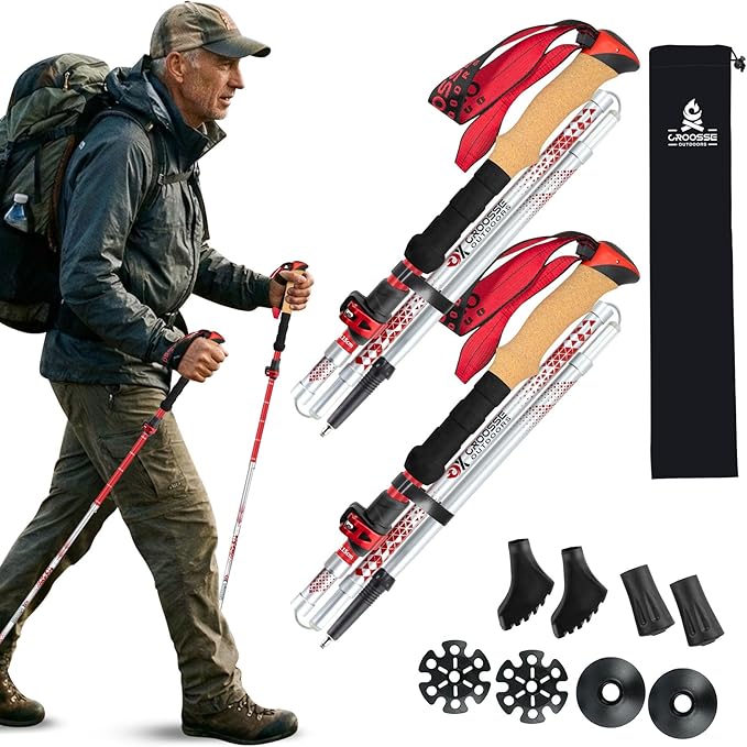 Collapsible Trekking Poles for Hiking - Lightweight Adjustable Aluminum Folding Hiking Poles, Cork Grip Walking Sticks for Seniors, Women & Men (2 Pack)