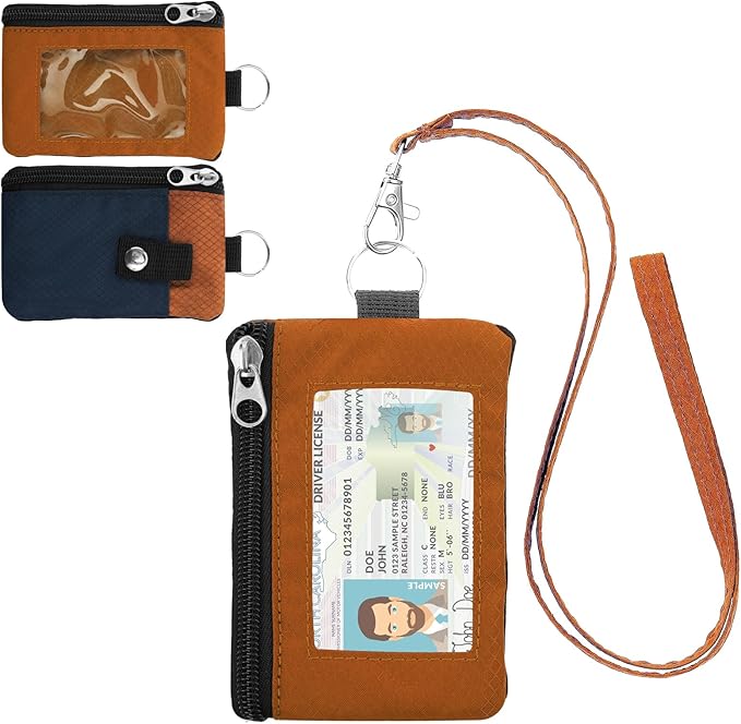Minimalist RFID Wallet with Lanyard, Multi-functional ID Case with 2 Zipper Pockets and Key Chain for Men and Women, Tactical Badge Pouch Cards Holder, Coin Purse for Travel Sports - Orange&Blue