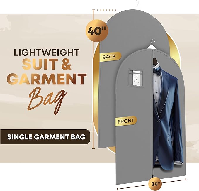Your Bags Travel Garment Bag – Durable Zippered Single Suit Bag for Storage – Water-Resistant Clothes Cover - Hanging Garment Bags for Travel with ID Pocket – 40" x 24" - Grey (Pack of 1)