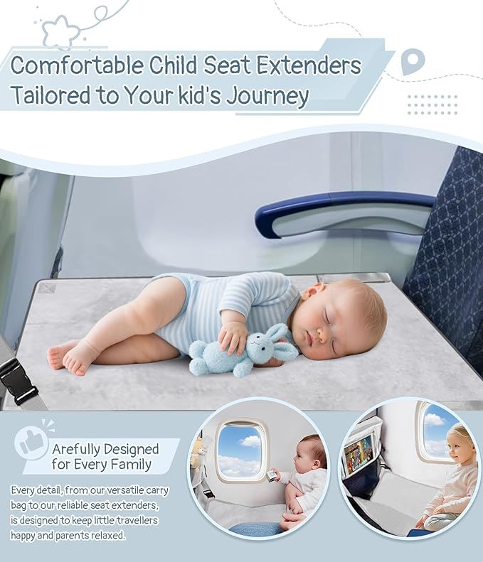 Toddler Airplane Bed, Airplane Seat Extender Travel Bed for Kids, Baby Travel Essentials for Flying, Portable Plane Footrest for Kids, Toddler Must Haves for Flights Grey