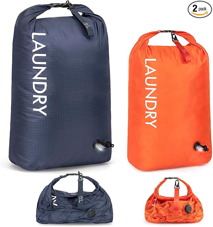 WiseBoy Compression Laundry Bag 2 Pack, Pump-Free Travel Laundry Bag for Dirty Clothes, Waterproof Wet Dry Bag, Space Saving Packing Organizer for Suitcase, Gym & Swim (Navy Blue & Orange)