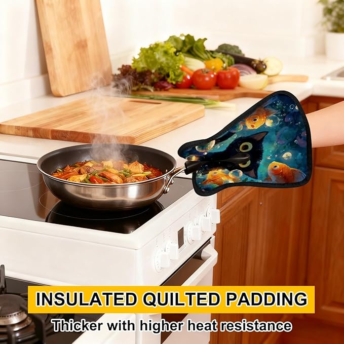 Underwater Cat and Fishes Pot Holders with Pockets 2 PCS, Heat Resistant Oven Mitts Hot Pads for Kitchen Baking Cooking, Square Thick Pot Holders Kitchen Hot Potholders, 8.5x10 Inches