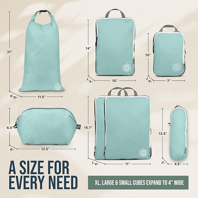 Large Compression Packing Cubes for Travel-Packing Cube Luggage Organizers 7 Piece Set for Checked Luggage-Ultralight, Expandable/Compression Bags by TRIPPED Travel Gear (DustyTeal/White)