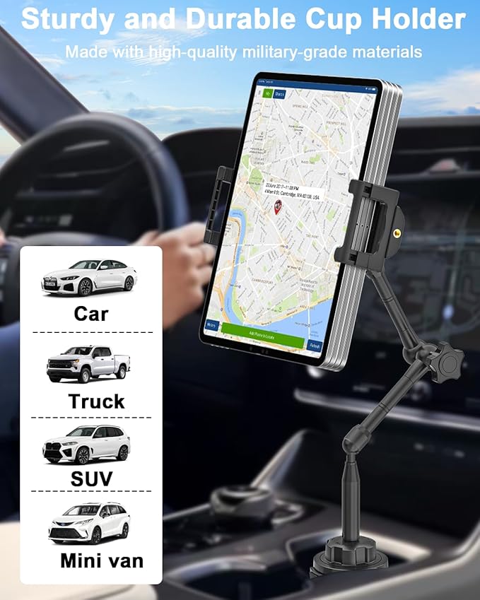Tablet Holder for Car Cup Holder, [Full Motion Swivel 19.7" Height] Metal Tablet Car Mount for Truck, for iPad Pro Air Mini, Galaxy Tab, Z Fold, Fire, iPhone, 6-15.6" Devices, Cars Trucks SUVs