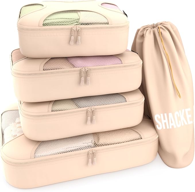 Shacke 5 Set Packing Cubes for Travel – Luggage Organizer & Suitcase Bags with Laundry Bag, Carry On Packing Organizer, Travel Accessories for Women Men (Cream)