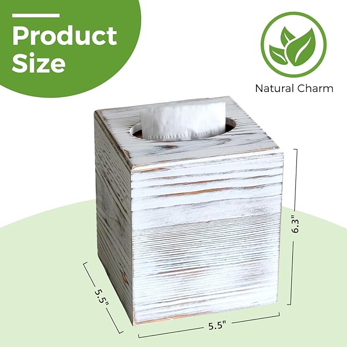 S310 Wood Tissue Box Cover, Rustic Square Tissue Box Holder with Slide-Out Bottom, Wooden Cube Tissue Covers Tissue Holders for Bathrooms Office Kitchen, White