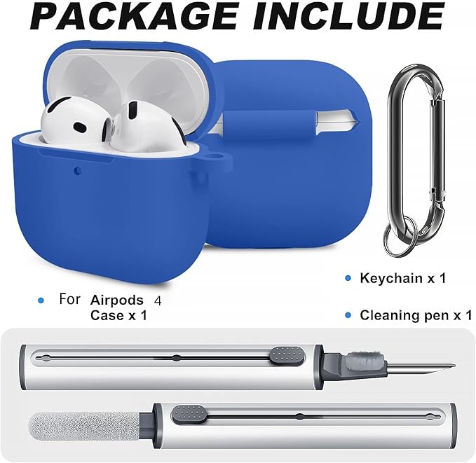 for Airpods 4th Case Cover, Come with Cleaner Kit,Soft Skin Silicone Case Cover with Keychain, Full Protective Case for Men and Women, Compatible with AirPods 4th Generation Case,Blue