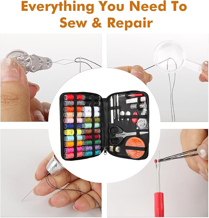 198pcs Sewing Kit for Adults Portable Travel Sewing Set,Dorm Room Essentials for Girls, Including Emergency Repair Tools Such as Needle and Thread, Scissors, Marker pens Needle and Thread kit (Black)