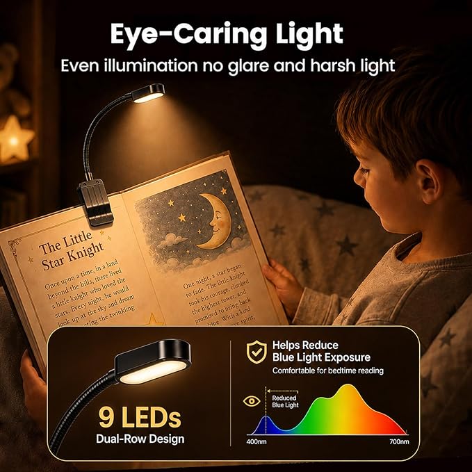 Book Light 2 Pack, Rechargeable Reading Lights for Books in Bed-Eye Caring 3 Colors, Stepless Dimming, 360° Flexible Studying Small Desk Lamp, Lightweight Clip-on LED Night Light for Book Lovers, Kids