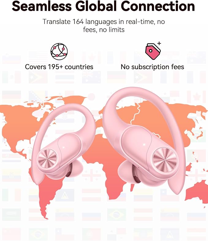 PocBuds Bluetooth Headphones Wireless Earbuds 80hrs Playtime Wireless Charging Case Digital Display Sports Ear Buds with Earhook Deep Bass IPX7 Waterproof Over-Ear Earphones for TV Phone Laptop Pink