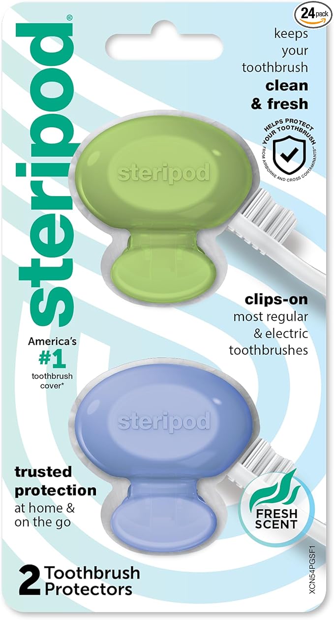 Steripod Clip-On Toothbrush Protector,Green and Blue,2 Count (Pack of 12)