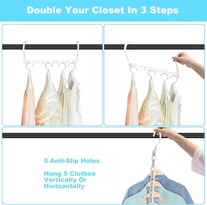 DUCOO Space Saving Hangers 10 Pack, Heavy Duty Magic Cascading Hanger Organizer with 5 Enclosed Anti-Slip Holes, Closet Organizers and Storage for Clothes, College Dorm Room Essentials, White