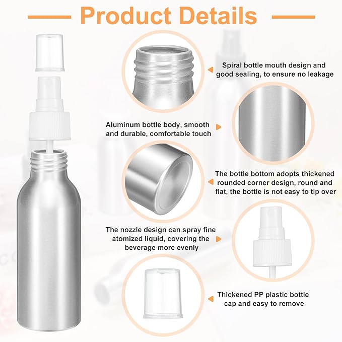 HARFINGTON 3pcs Aluminum Fine Mist Spray Bottles 100ml/3.4oz Metal Small Liquid Alcohol Refillable Travel Container with White Plastic Nozzle Cap for Perfume Skincare Cosmetic Storage Bottle