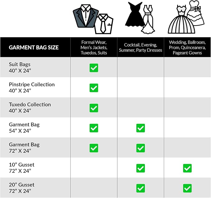 Black Suit, Dress and Gown Garment Travel Bags - 54" x 24" - Men's and Women's