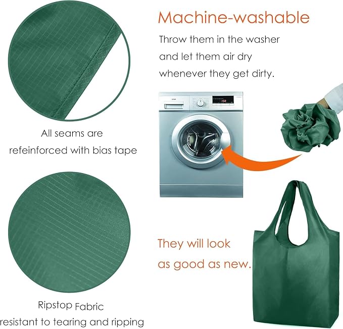 BeeGreen Christmas Green Reusable Grocery Bags Dark Green Reusable Kitchen Bags Bulk Foldable-Machine Washable with Zipper Storage Pouch 50 Packs