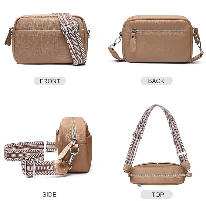 Small Crossbody Bags for Women Genuine Leather, Guitar Strap Shoulder Handbag Purse Camera Bag with Rfid Card Slots, Nude