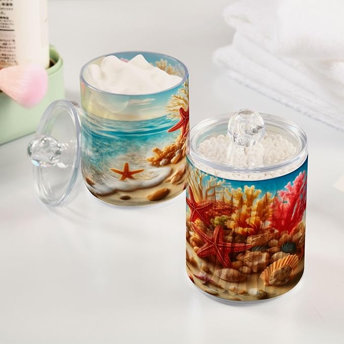 2 Pack Qtip Holder Organizer Dispenser Starfish Coral Seashell Summer Beach Bathroom Storage Canister Cotton Ball Holder Container for Cotton Pads/Swabs/Floss