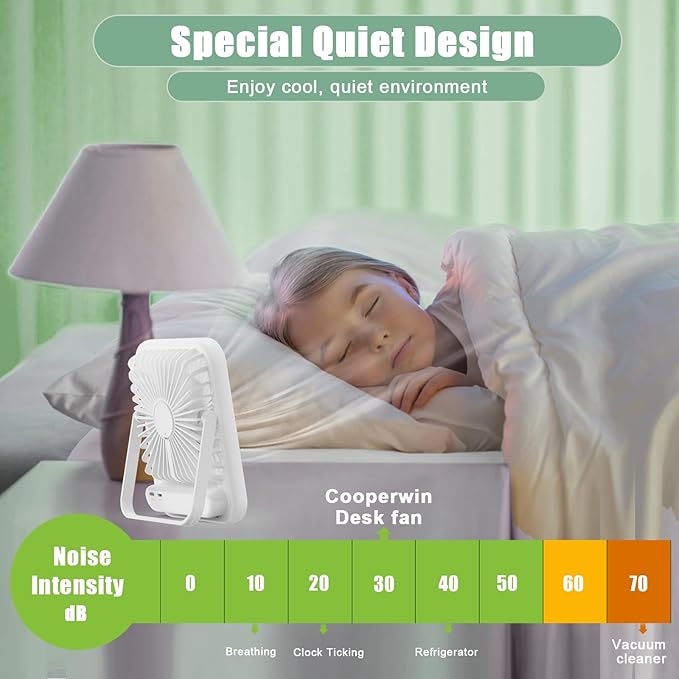 Travel Fan for Sleeping, 6.8" Small Portable Fan Rechargeable Battery Powered, 100 Speeds Personal Mini Desk Fan for Office Bedroom, Cruise Ship Beach Vacation Travel Essentials, White