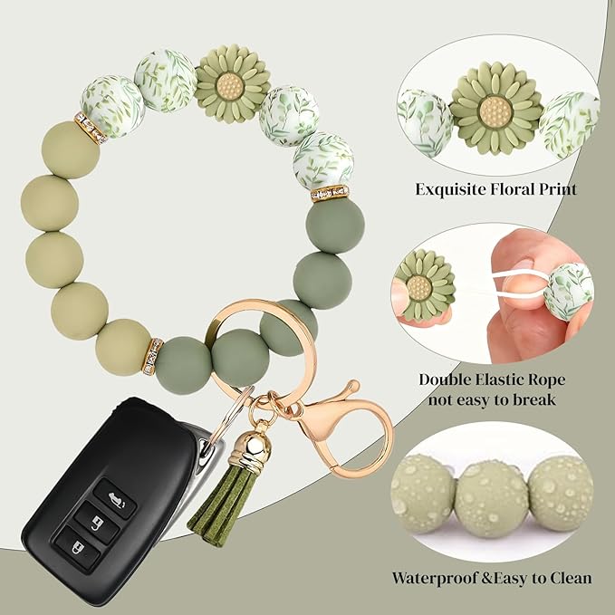 2PCS Bracelet Key Ring Set, Cute Car Key chain Wristlet, Silicone Beaded Bangle keyChains for Women Girls