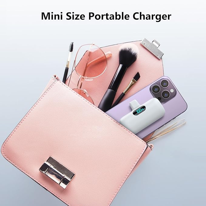 Mini Portable Charger USB C Power Bank,5000mAh PD Fast Charging Battery Pack Built-in USB-C Connector Travel Essential for iPhone17/17Pro/17Pro Max/Air/16 Plus/16Pro Max/15 Series,Android White