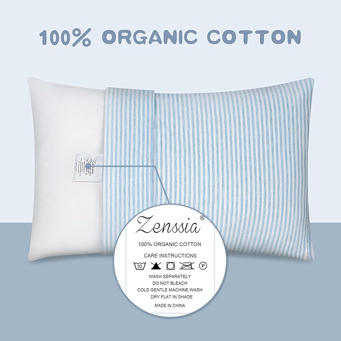 Zenssia Organic Cotton Toddler Pillowcase/Travel Pillowcase Pack of 2 Set 13x18 Inches with Envelope Closure - Soft & Breathable Baby Pillow Case Cover Blue Stripe