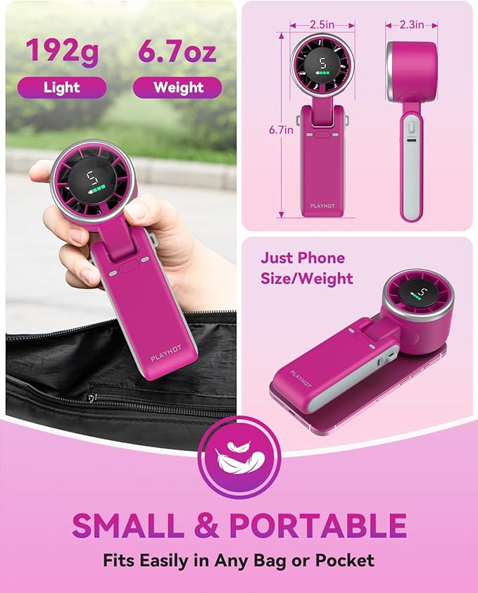 PlayHot Portable Handheld Turbo Fan, 5-Speed Personal Fan, USB-C Rechargeable Fan Up to 12 Hours, 3 IN 1 Hand Fan with Air Turbo Tech Cooling, Travel Fan for Cruise, Beach, Gifts for Women (Magenta)