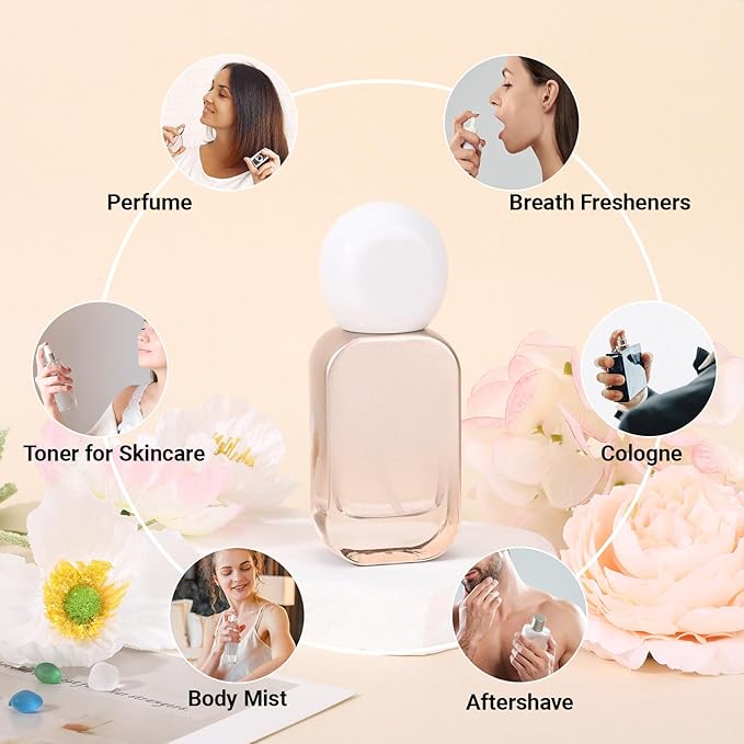 Segbeauty 1oz Fine Mist Glass Spray Bottles Small, 2pcs Square Silver Travel Size Perfume Sprayer Refillable Liquid Container with Round Cap, 30ml Mini for Empty Cologne Bottle Atomizer Sprayer Travel