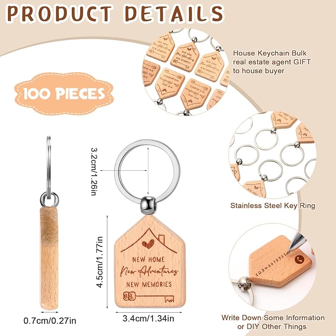 Inbagi 100 Pieces Home Keychain Bulk House Design Keychain Small House Shaped Keychains 2026 Welcome Home Keychains Gifts Homeowner Engraved Wooden Key Tag for Family Client Buyer Customer