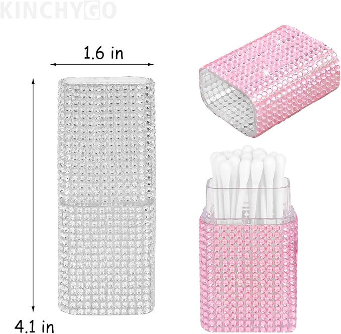 2 Pack Rhinestone Cotton Swab Holder for Travel Small Portable Crystal Dental Floss Storage Box Small Qtips Case Cosmetic Sponge Dispenser Container White & Pink