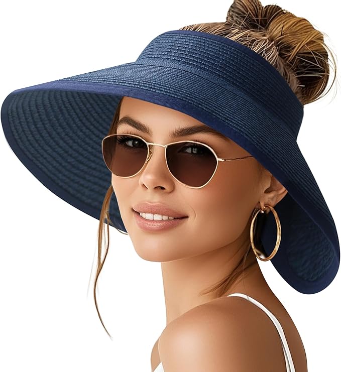 NPQQUAN Sun Visor Hats for Women Wide Brim Ponytail Straw Beach Hat Packable Foldable UPF 50+ Floppy Travel Hats