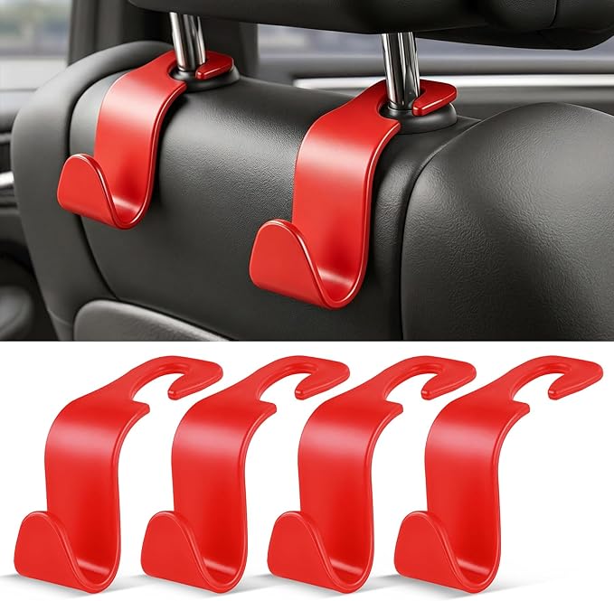SINGARO 4 Pack Car Seat Headrest Hooks, Vehicle Back Seat Hanger Storage Organizer for Purse Handbag Backpack Coat Grocery, 360° Rotating Heavy Duty Holds 44lbs, Red