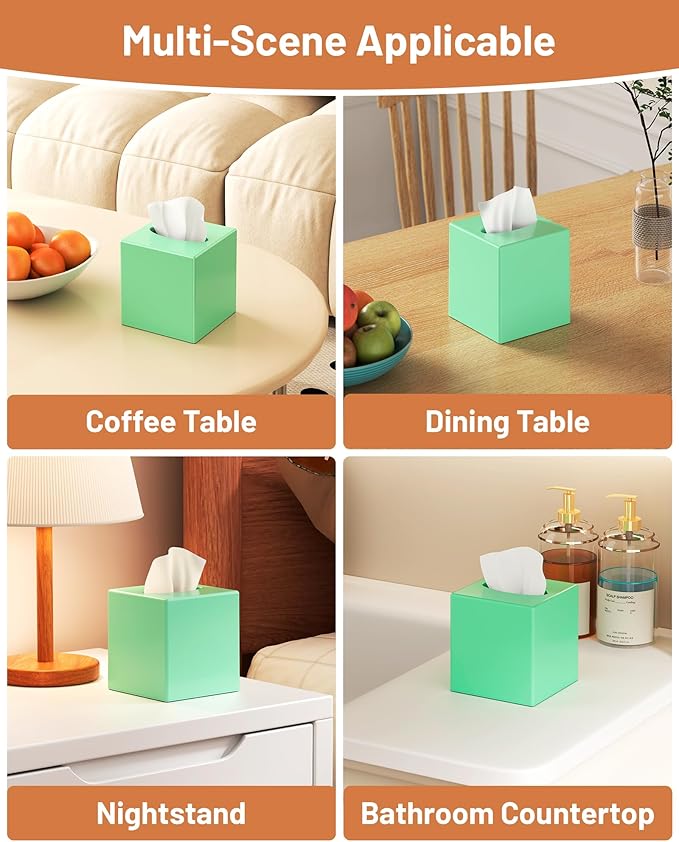 Tissue Box Cover, Square Plastic Tissue Box Holder with Anti Slip Base, Modern Decor Facial Napkin Holder for Bathroom Vanity Countertop, Bedroom Dresser, Night Stand, Parlors, Offices, Green