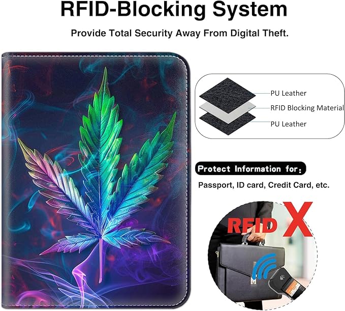 Passport Wallet, Passport Holder with RFID Blocking and Luggage Tag, Waterproof PU Leather Travel Documents Organizer Case, Passport Covers with Card Slot for Women & Men, Weed Leaf Passport Book