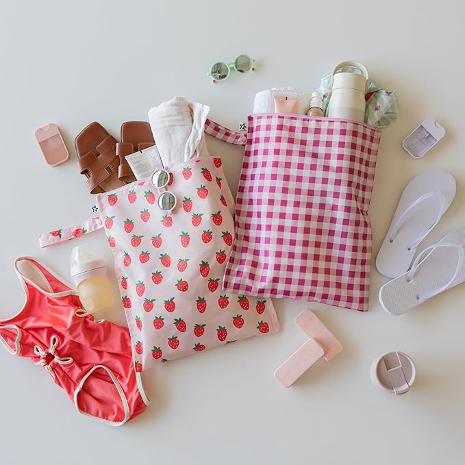 Tiny Twinkle Mess Proof Wet Bags | 2-Pack Reusable Waterproof Wet Bags for Swimsuits | Baby Clothes | Travel & Diaper Bag (Strawberries,Raspberry Gingham)