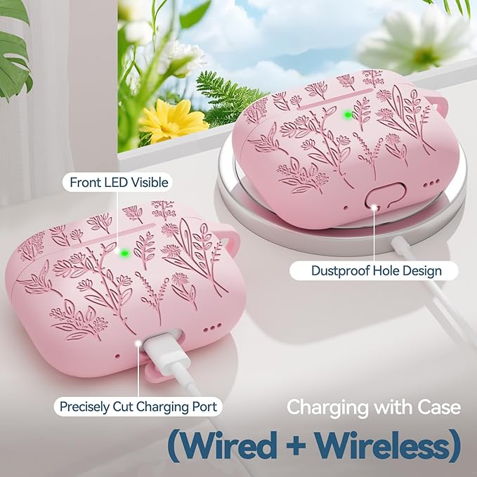 for AirPods Pro 2 Case with Magnetic Lid, Ekoonpft Flower Engraved Silicone Case for Apple AirPods Pro 2nd/1st Generation (2023/2022/2019) Cover with Cleaning Kit & Keychain